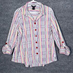 Ali Miles Womens Large Rainbow Stripe Button Front Wire Collar Artsy Tunic Top‎